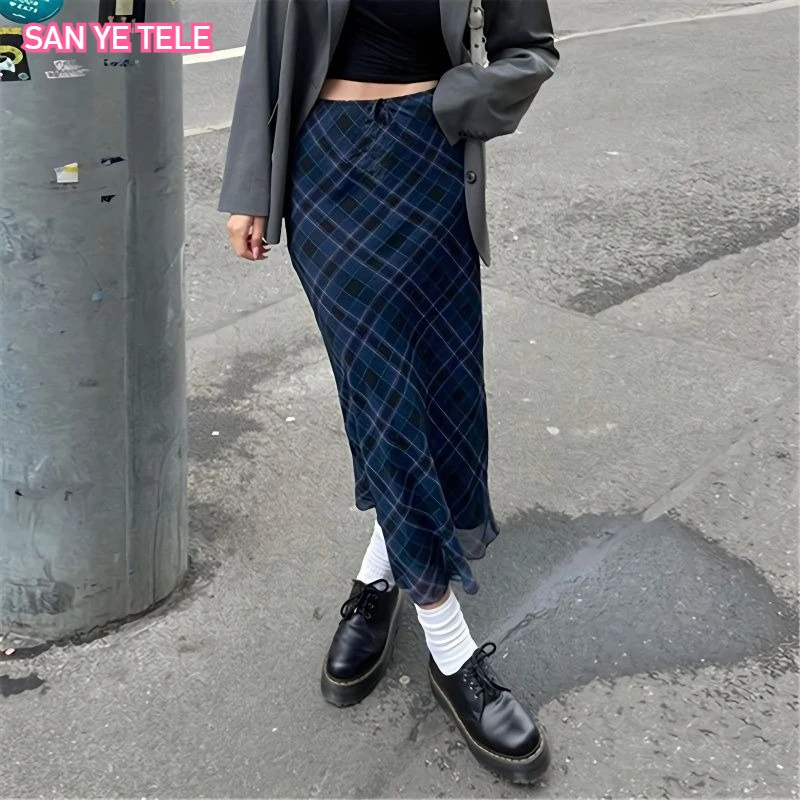 

Синяя клетчатая юбка трапециевидной формы с высокой талией, женские тонкие юбки с запахом на бедрах, модная сексуальная повседневная прямая юбка длиной до щиколотки в консервативном стиле