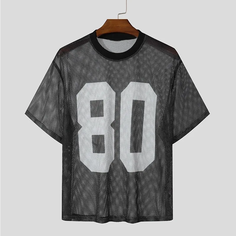Herren 80 Nummer Bedrucktes Mesh T-Shirt Lässiges Kurzarm-Rundhals-Shirt Durchsichtiges Streetwear Übergroßes Fußball-Trikot-Stil Oberteil – Detail 4