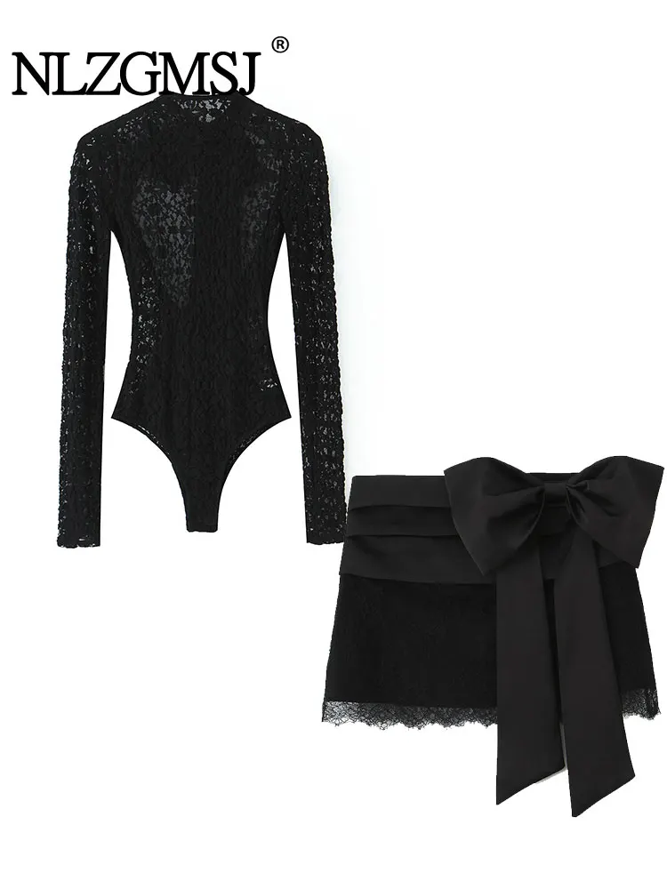 

NLZGMSJ Casual Chic Women Solid O-Neck Long Sleeve Lace Top Bow Short Mini Skirt Fashion 2025 Autumn Holiday Female Sets