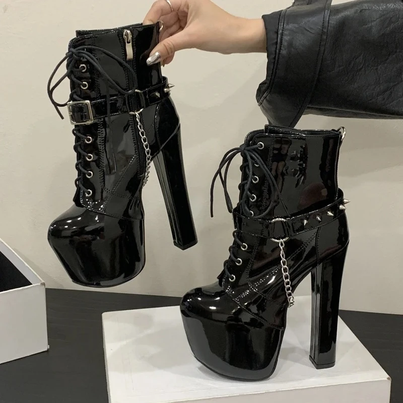 

Aneikeh Winter Fashion Platform Ankle Boots Round Toe Design Silver Chain Patent Leather Women Square High Heels Zipper Shoes