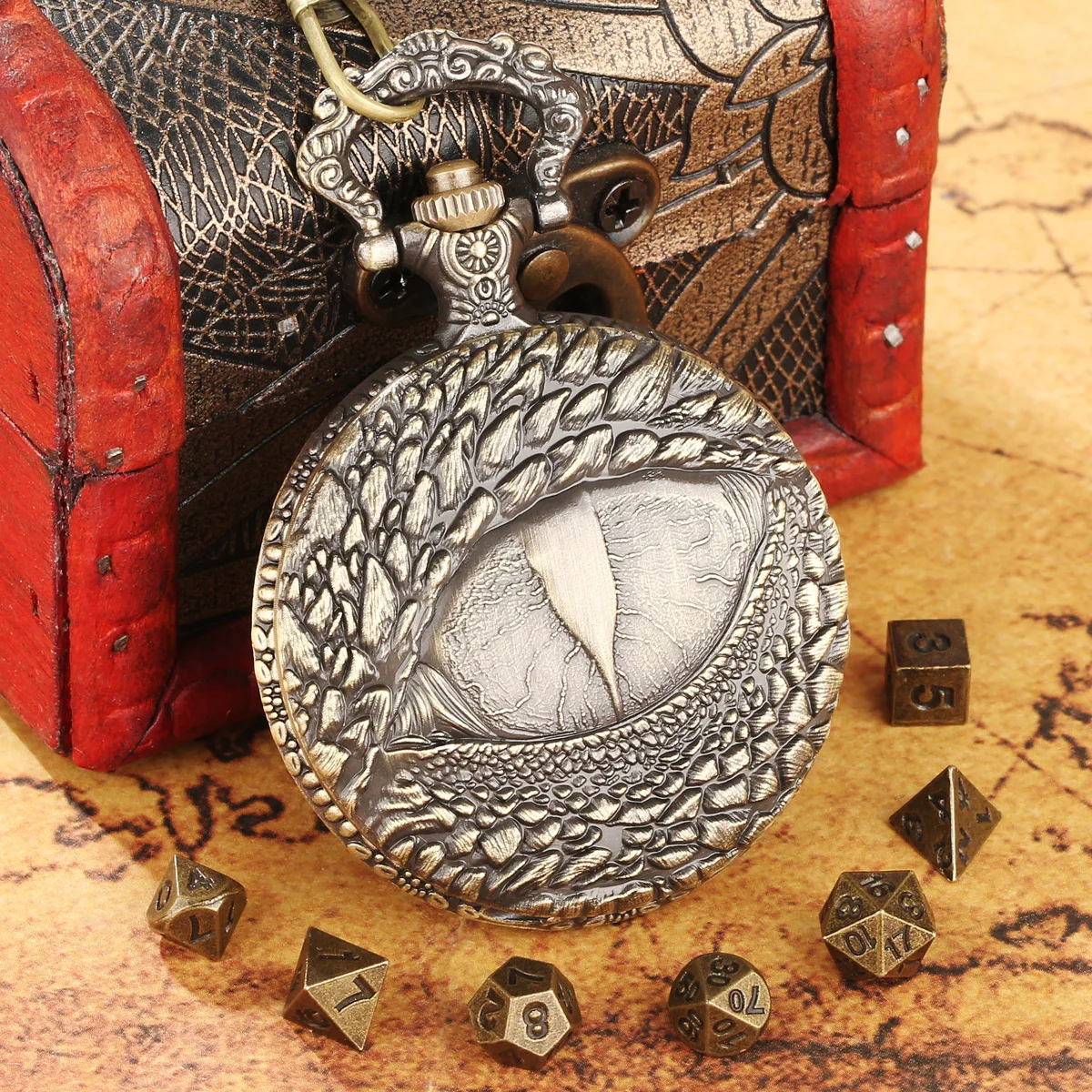

Dragon Eye Pocket Watch Case DND Dice Jewelry Pocket Watch Dice Box Rights Game Dragon Case with Waist Chain