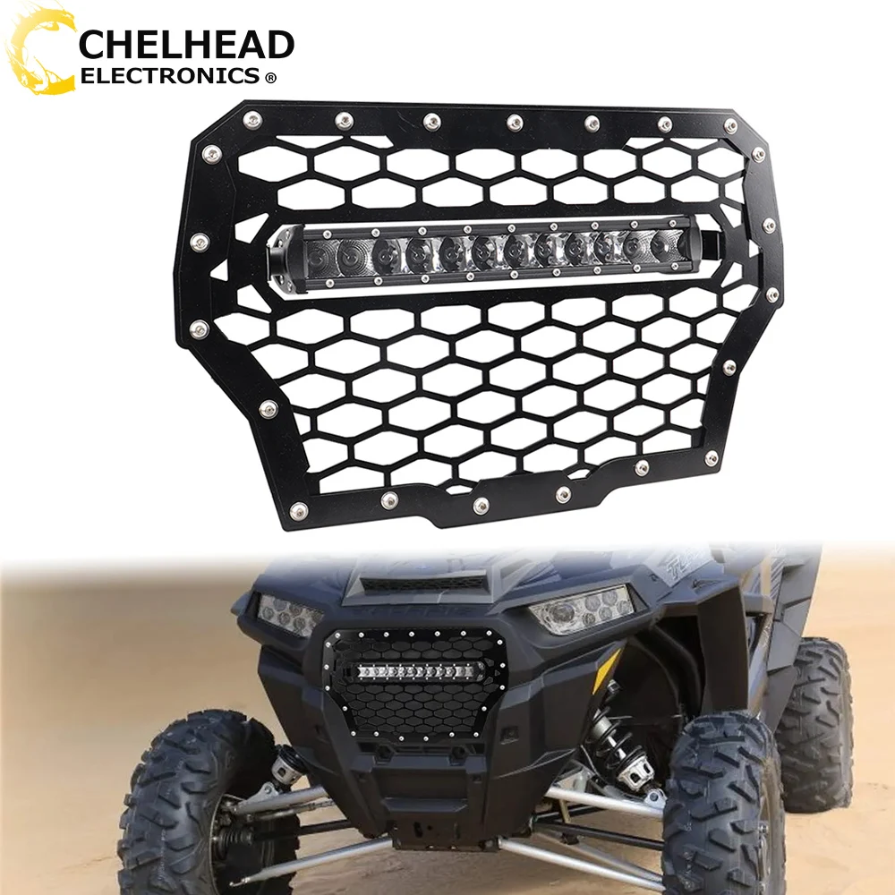 Rejilla delantera de malla UTV con barra de luz Led, haz de luz blanco de 11 pulgadas, 50w, 6000K, para Polaris RZR 2017 XP Turbo, 2018-1000