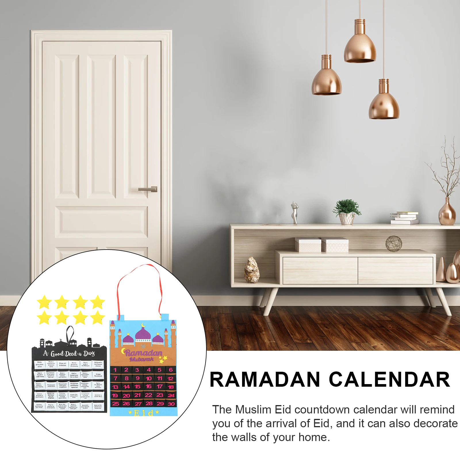 

2 Pcs Countdown Calendar Ramadan Wall Decorate Hanging Eid Felt Festival Hangings Decorative