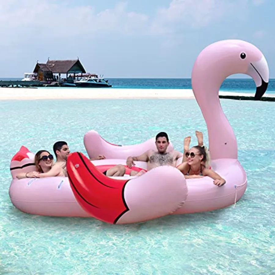 Pool float for 4-6 people, PVC material, pink color, extra-large inflatable flamingo design with 6 cup holders and included air