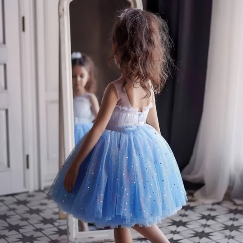 New girl Princess gauze fluffy dress Sequin gradient blue Tutu party dress formal communion maintenance evening dress girl