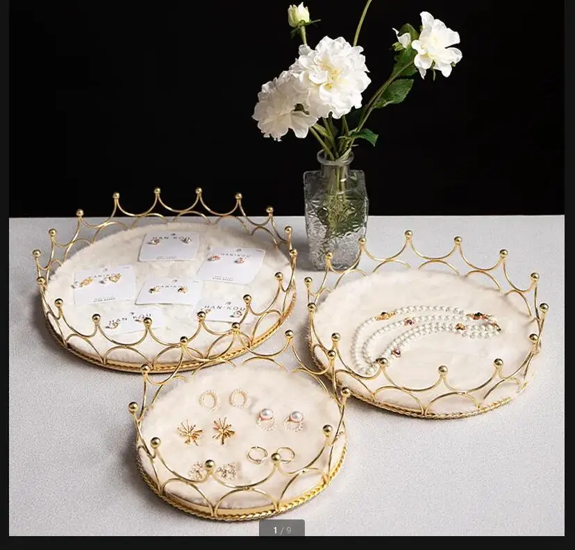 Crown Plush Metal Tray Jewelry Display Stand Decorative Plate Necklace Earring Home Rack Storage