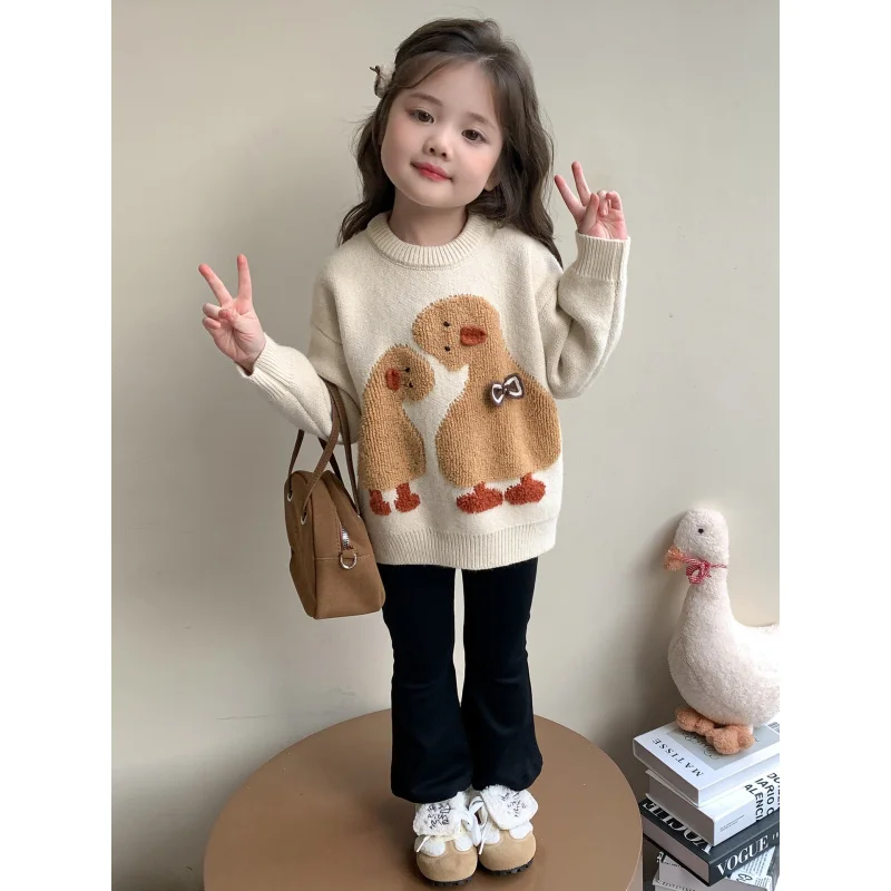 

Girls' Thickened Sweater2025New Autumn and Winter Warm Knitted Sweater Baby Cartoon Fashionable Children's Base Shirt