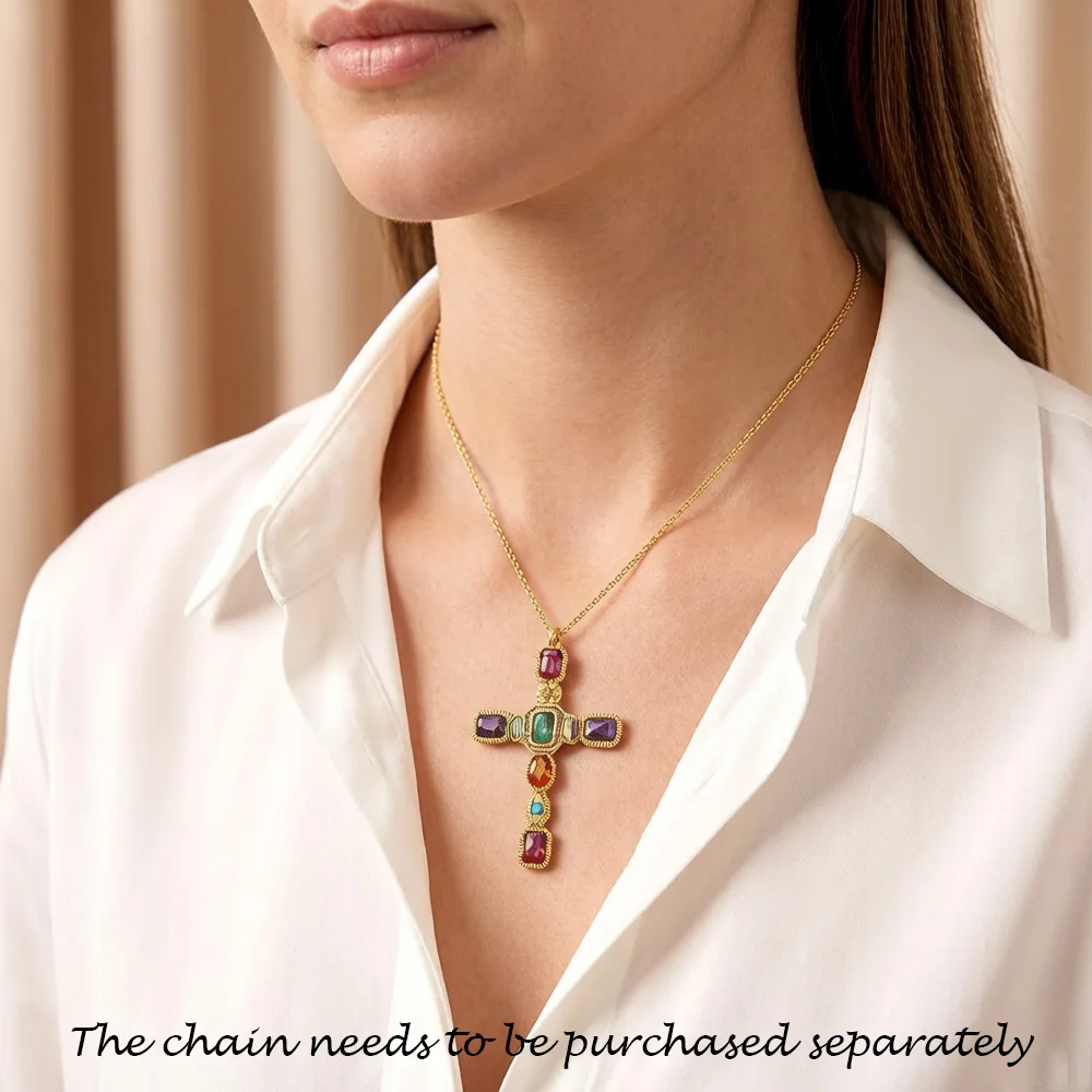 Golden Colourful Cross Pendant Brand New Fashion Jewelry Europe 925 Sterling Silver Vintage Gift For Woman