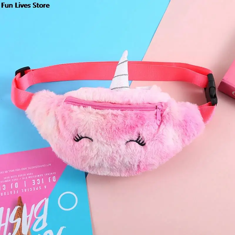 Riñonera de felpa de unicornio para niños, bolso de cintura con cinturón de animales, bolsa de teléfono de piel sintética de invierno, Mini monedero