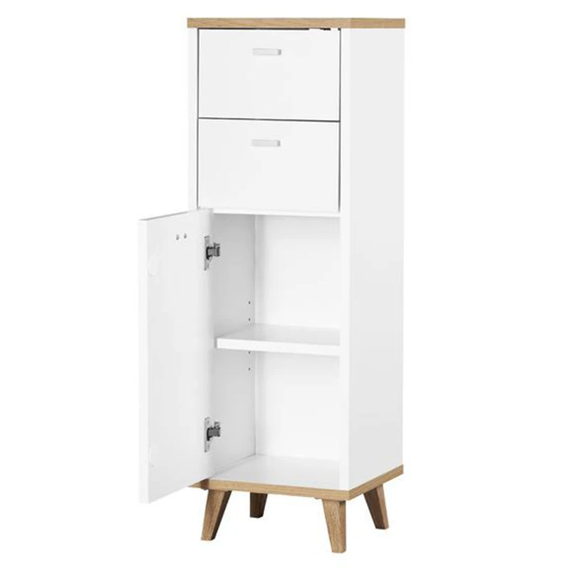 Wood white floor bathroom cabinet with 2 drawers and 1 door