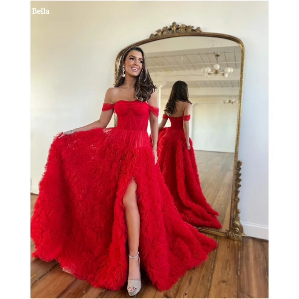 

Bella Customize Off the Shoulder Side Slit robes de soirée A-line Strapless Prom Dresses Floor-Length Mesh Fabric Wedding Dress