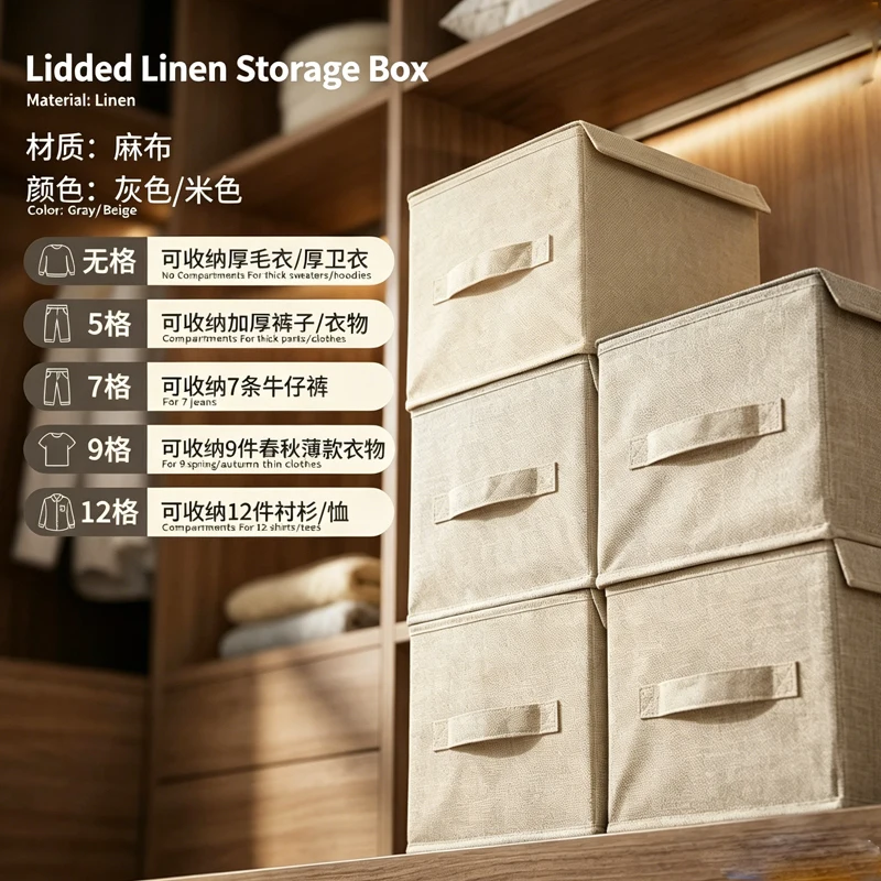 

Clothes Storage Box with Lid Wardrobe Drawer Partitioned Pants Underwear Storage Box Linen Fabric Layering Foldable Organizer