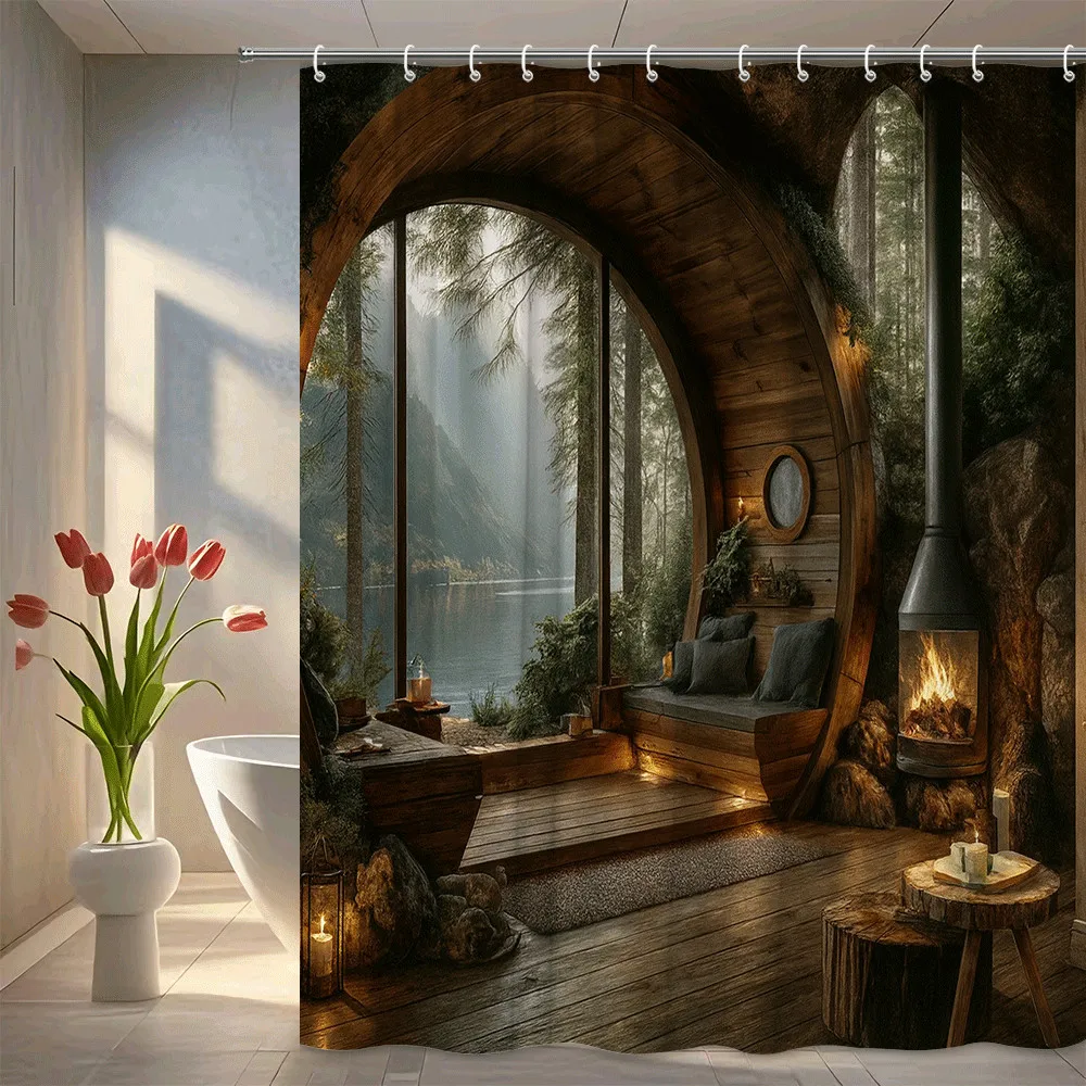 

Forest Cabin Shower Curtain Wood and Fireplace Scene with Lake View Nature Escape Design Waterproof Easy to Install non-toxic
