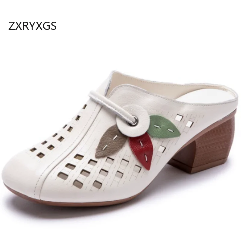 ZXRYXGS Hot Sales Genuine Leather Hollow Spell Color Trendy Slippers 2026 New Summer Women Slippers Mid Heel Outerwear Slippers