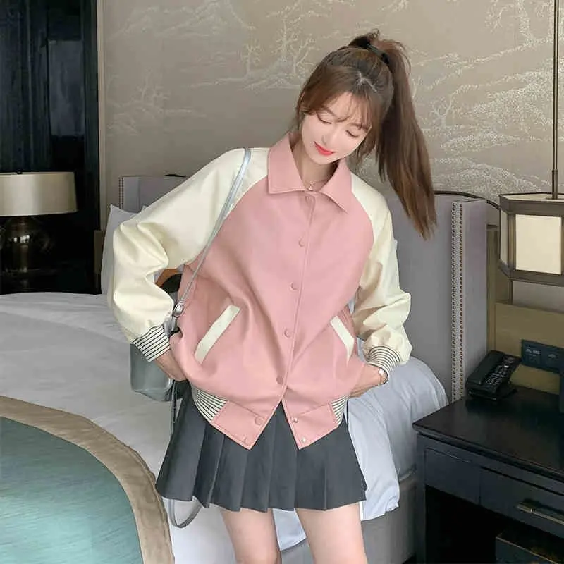 Spring Autumn PU Leather Jacket Women Join Together Long Sleeve Outerwear Casual Contrasting Leather Baseball Uniform Coat