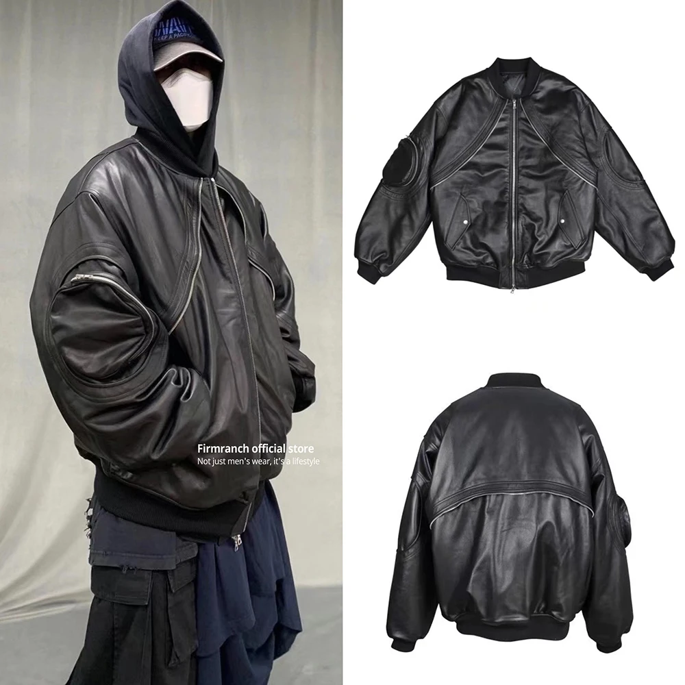 

Firmranch Winter Archive Fashion Black PU Leather Motorcycle Jackets For Men Women Thick Bomber Coat With Curved Zipper Design