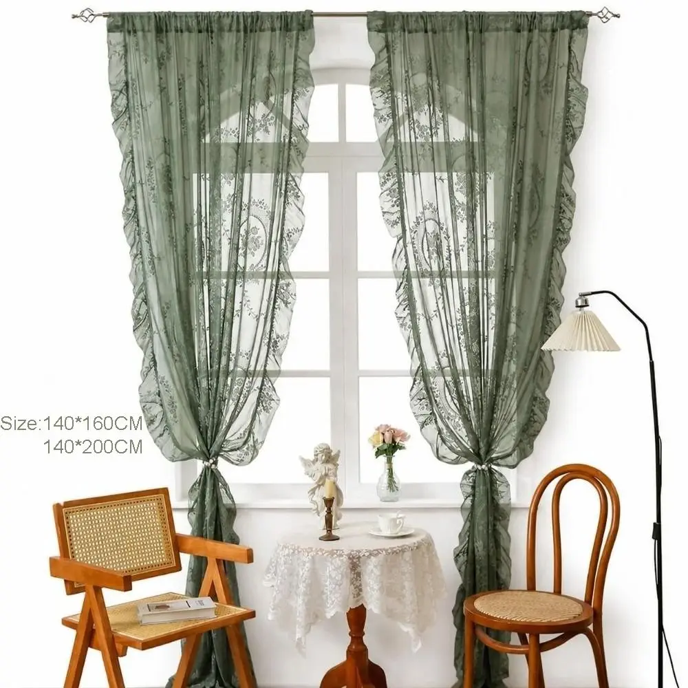 French-Style Lace Curtains Solid Color Ruffled Edges Voile Curtains Half-Shaded Gauze Curtains