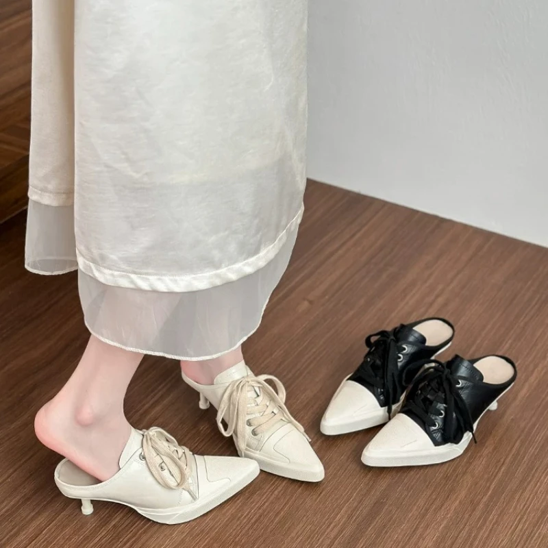 High Quality Mixed Color Stiletto Slippers Women Fashion Pointed Toe Lace-up Design Sandals Commuter Office High Heels Ladies