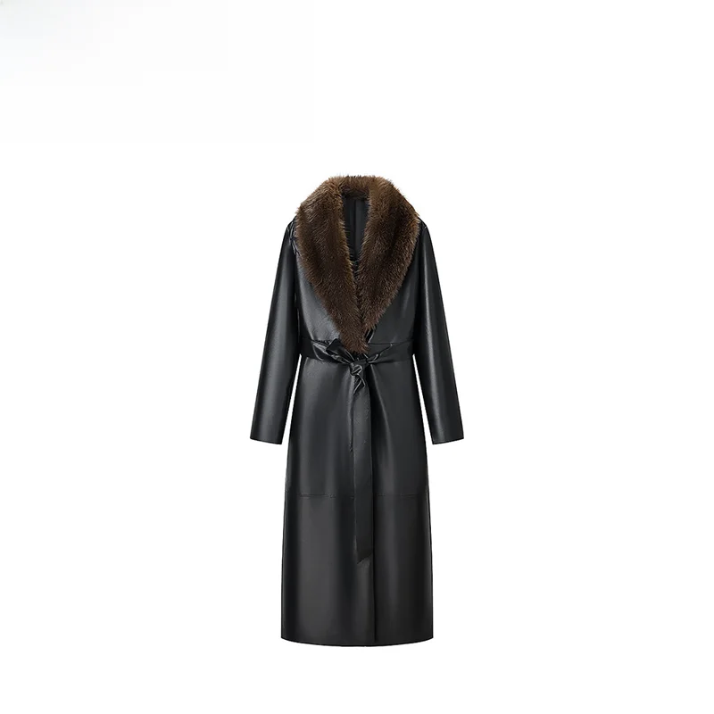 

Модное длинное кожаное пальто для женщин со съемным меховым воротником, осенняя новинка, стильная куртка из синтетической кожи высокого качества