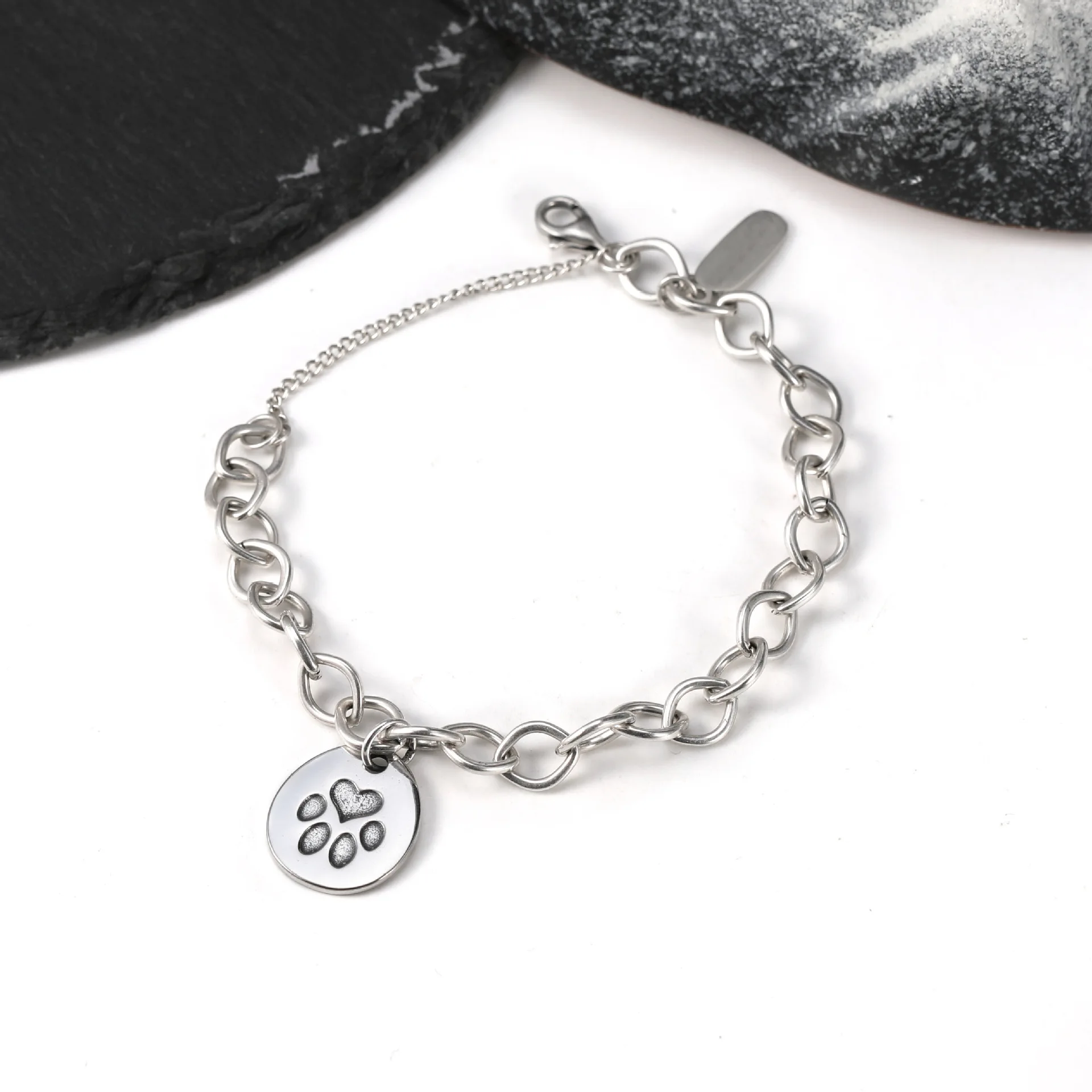 S925 Silver Vintage Oxidized Charm Bracelet Paw Print Little Sis Best Friend Pink Heart Pendant Jewelry Gift for Women