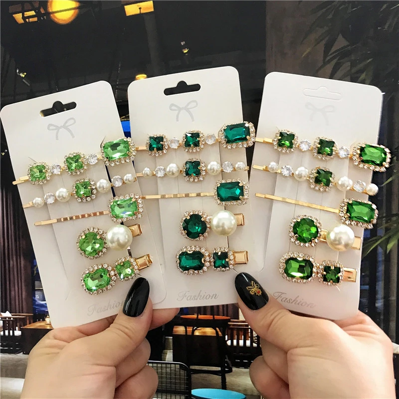 Fashion Green Crystal Women Hair Clips Set Hair Luxury Simulation Pearl Barrette for Girl Ornaments Hairpin Accessories Jewelry