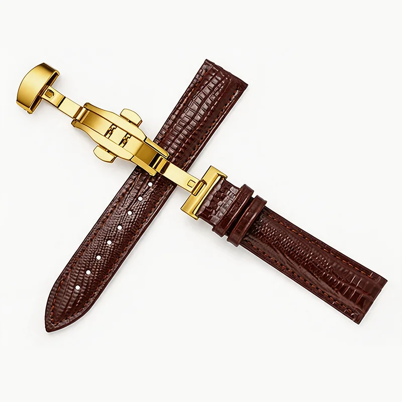 Watch Strap 16mm 18mm 20mm 22mm Vintage Lizard Pattern Gold Rose Silver Butterfly Buckle Belt Watch Accessories
