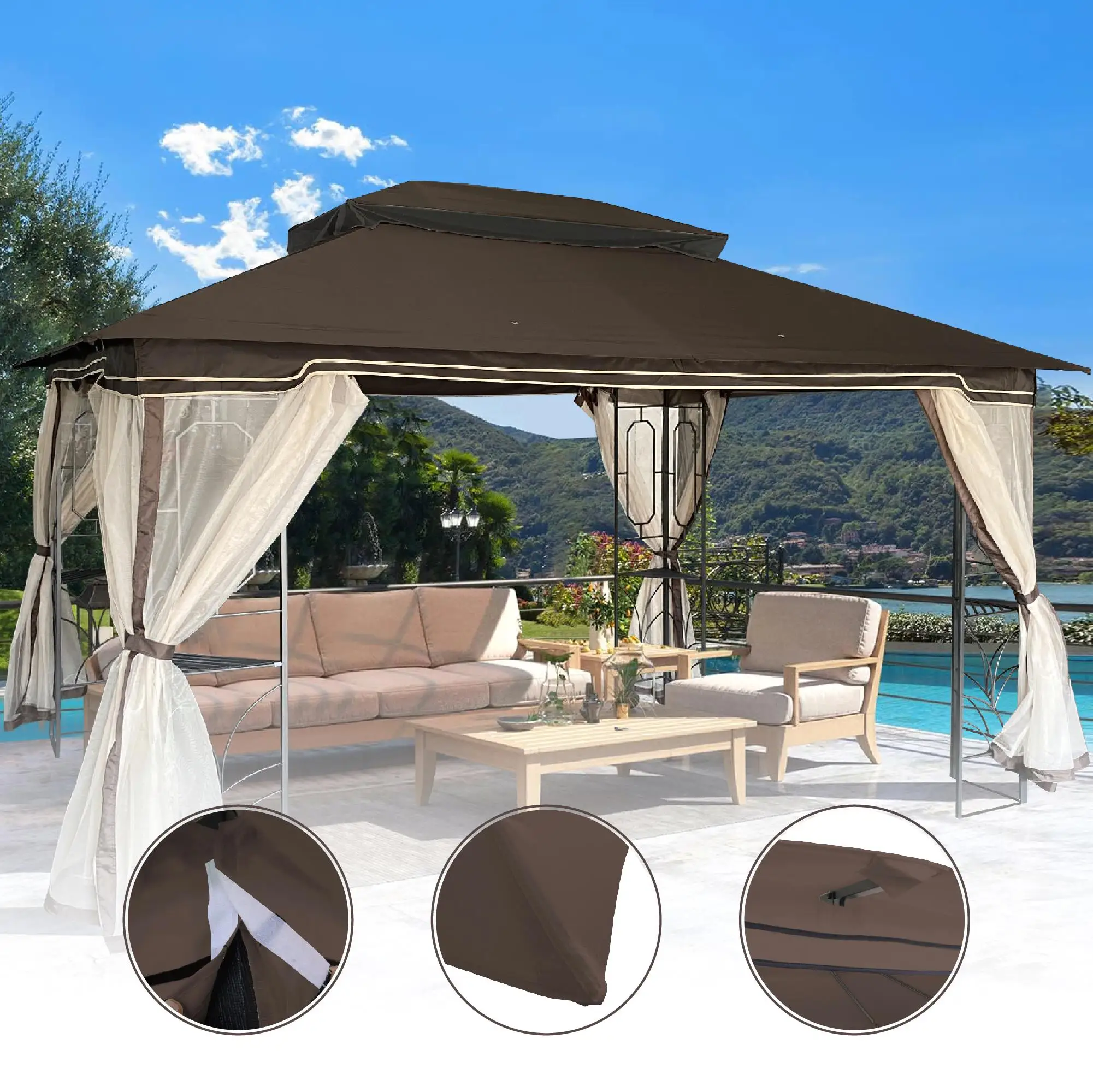 13x10 Ft Brown Patio Double Roof Gazebo Canopy Replacement Top - Caution: Weekend Shipping Unavailable, Temu Sales Banned