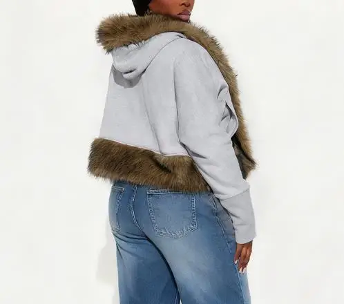 

Autumn and Winter Solid Color Fur Collar Patchwork Hooded Short Jacket for Women's Casual Personality Short Sleeved Jacket