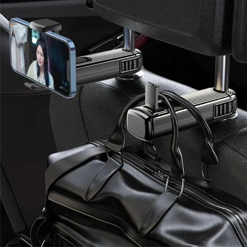 SEAMETAL 2-in-1 Multi-functional Car Headrest Phone Holder Auto Hidden Rear Seat Zero Rattling Hook Bracket for Car Accessories