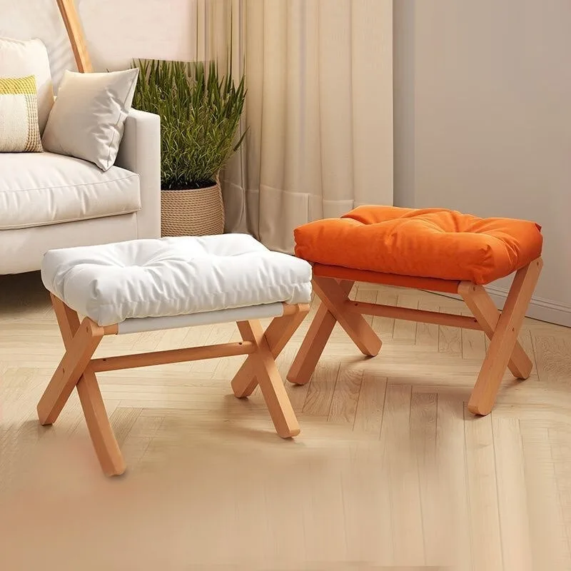 

Home sofa footstool solid wood shoeshine stool upholstered low stool cushion living room small bench