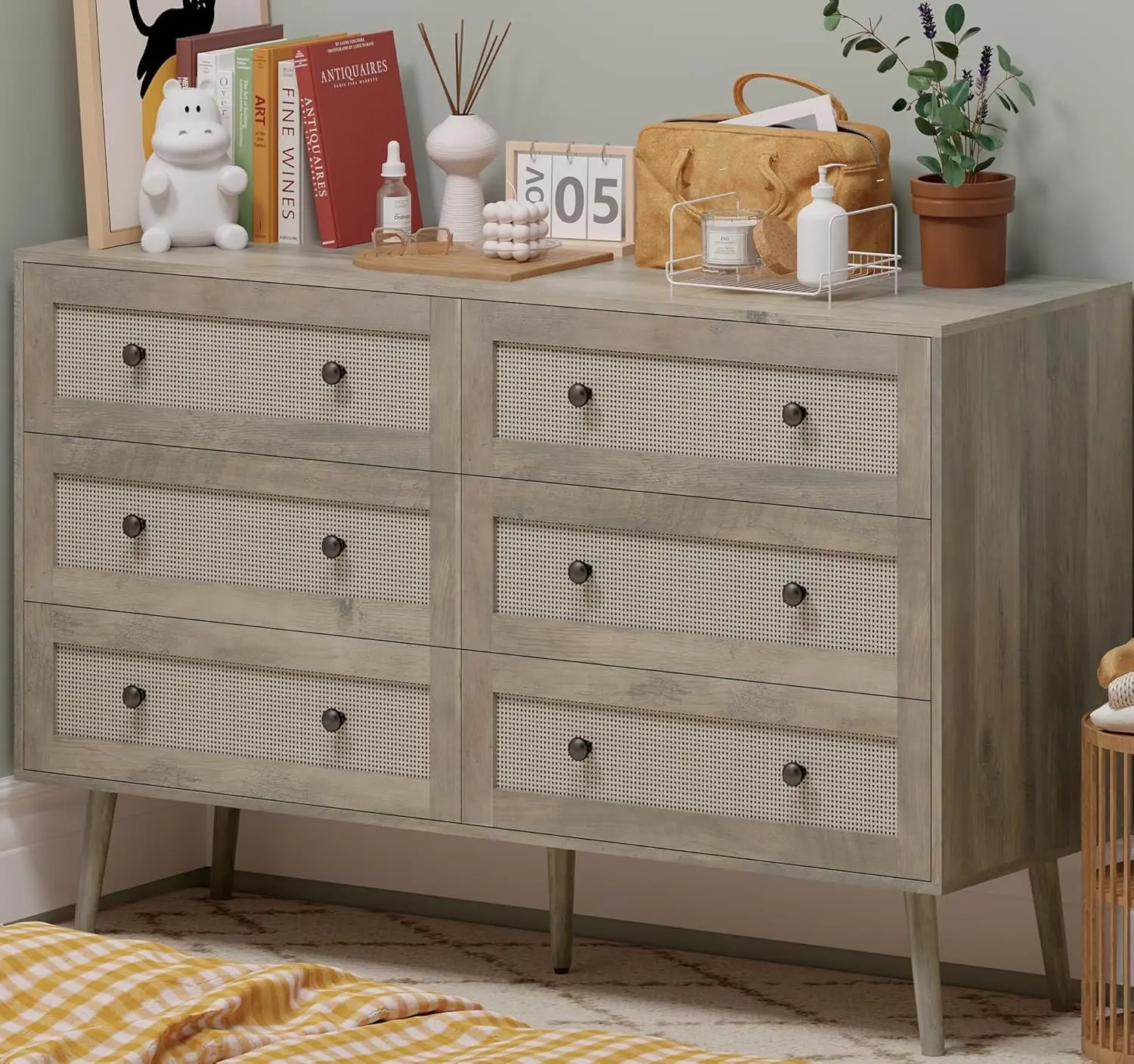 

Комод с 6 ящиками для спальни, 120 см, из ротанга, с деревянными ручками, натуральный деревянный комод для хранения вещей, подставка под телевизор