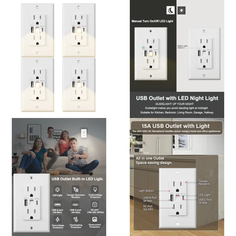

Lights USB, Modern 15A Standard s Night Lights, USB Type A and Type-C Electrical s Light, White 5A-, White