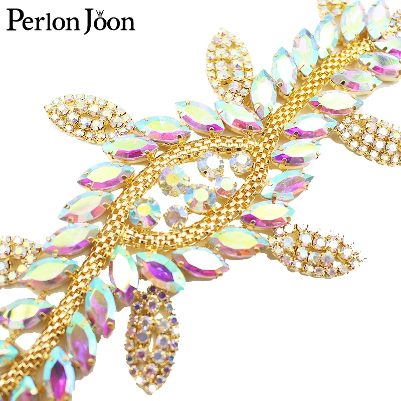 1pcs AB color crystal leaf long patch AB rhinestone glass welding flower silver decal for wedding boots decorative accessories