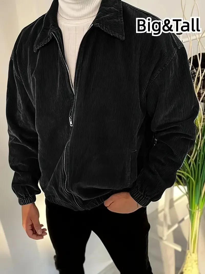 Men's Corduroy Zipper Jacket Casual Fashion Top Spring Autumn Outerwear for Streetwear Comfortable Fit Zippered Coat