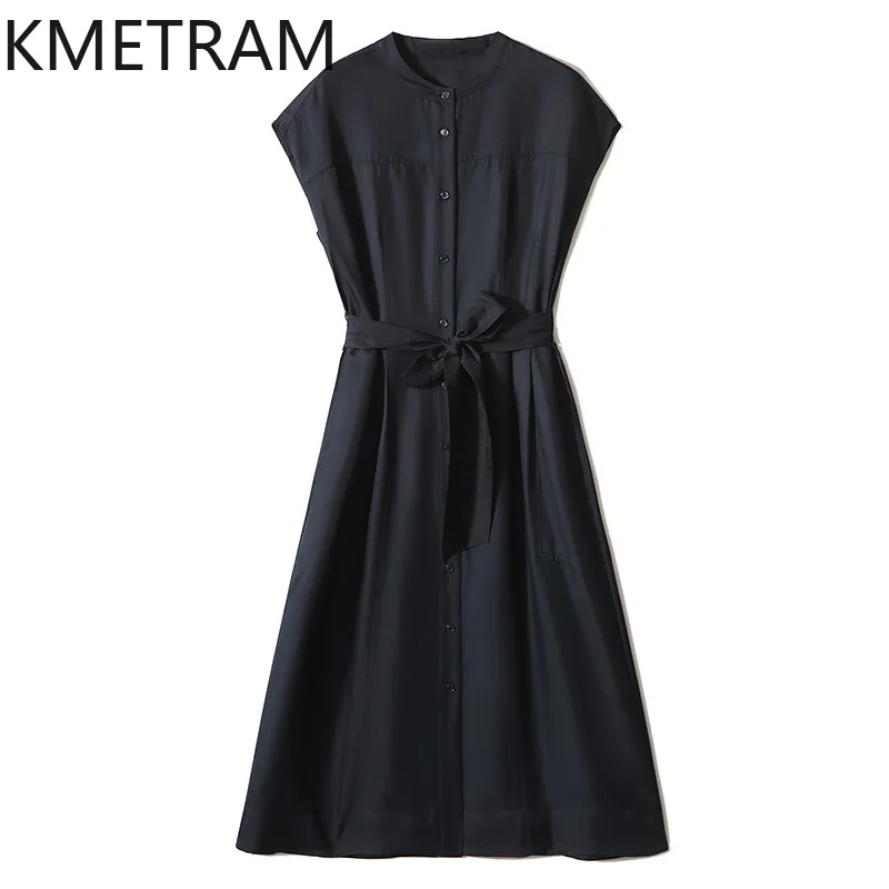 KMETRAM High End Summer Mulberry Silk Dresses Women's Lace-up Mid-length Dress 2 Colors Elegant Clothes for Women Robe Femme