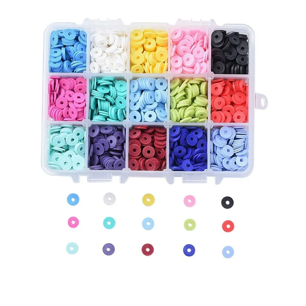

1box 15 colors Handmade Polymer Clay Beads Disc/Flat Round Heishi Beads Mixed color 8x0.5~1mm Hole: 2mm 190~200pcs/color