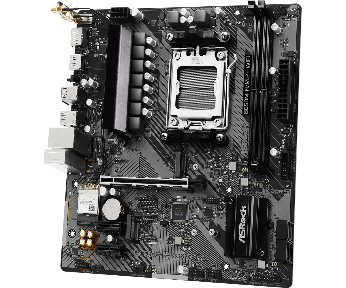 اللوحة الأم ASRock B650M-H/M.2+Wifi AMD AM5 Micro-ATX، تدعم معالجات سلسلة AMD Ryzen 9000/8000/7000، DDR5 6400+ (OC)