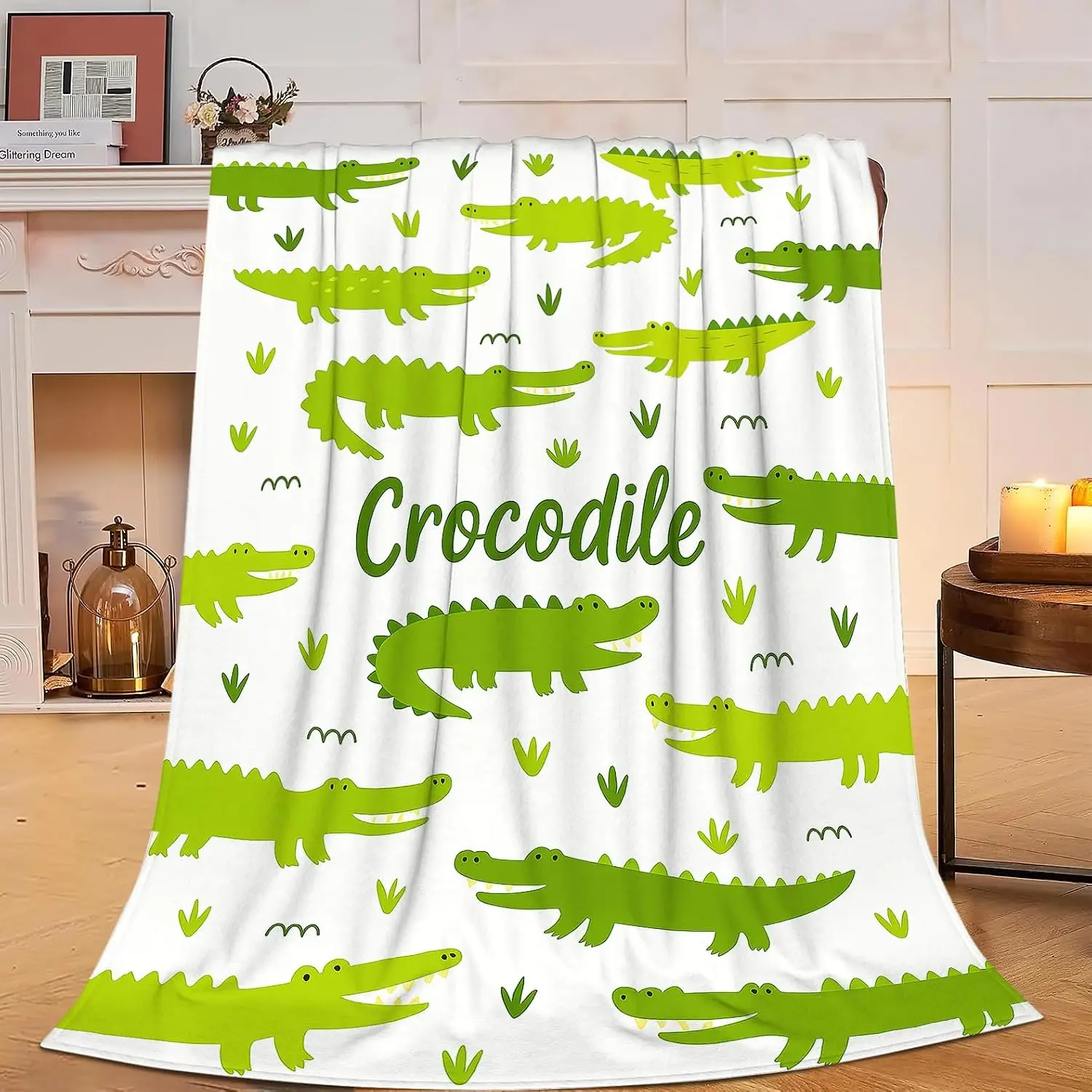 Cartoon Green Crocodile Grass White Base Letter Print Flannel Throw Blanket, Soft Warm Sofa Cover, Animal Gift For Kids Bedroom