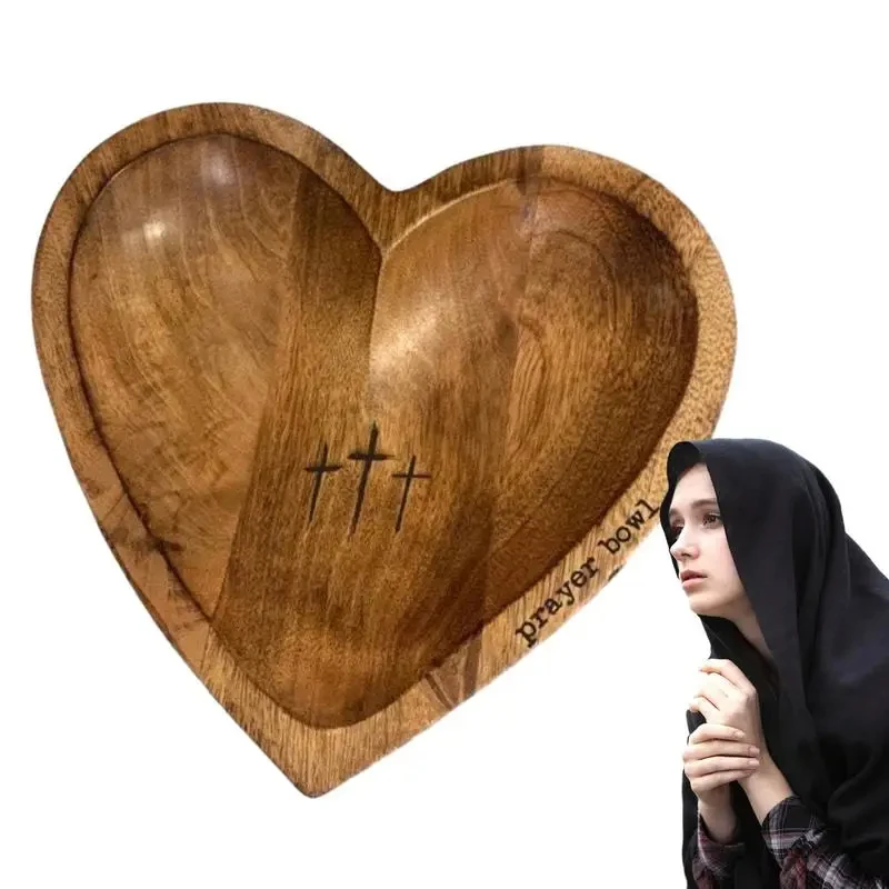 New Heart Prayer Bowl Wooden Religious Crucifix Bowl Rustic Home Centrepiece Decor Fruit Plate Kitchen Tableware Religious Gift