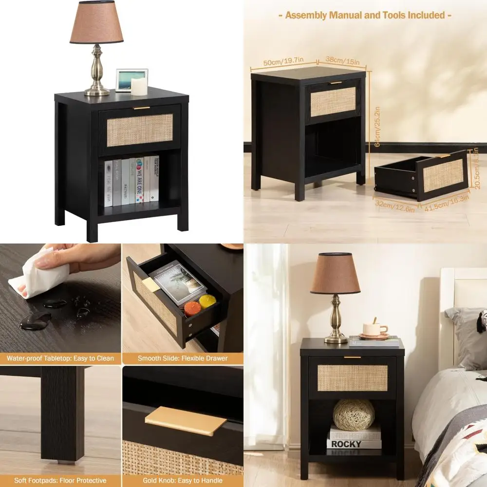 Rustic Rattan Nightstand, Farmhouse Style Drawer Night Stand, Bohemian End Side Table for Bedroom, Compact Space, Black Oak Fini