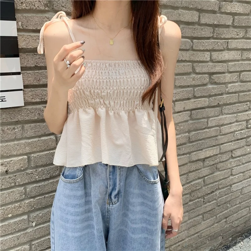 Korean Version of Fashionable and Sweet Seaside Suspender with a Thin Solid Color Top for Women