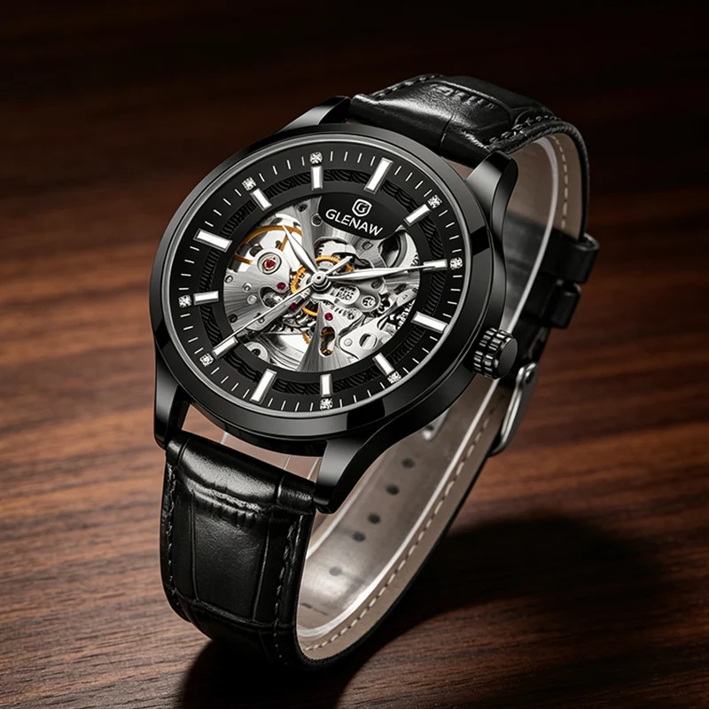 GLENAW Herrenuhr mit schwarzem Lederarmband, Persönlichkeit, schlichter Stil, exquisites hohles Zifferblatt, vollautomatische mechanische Uhren