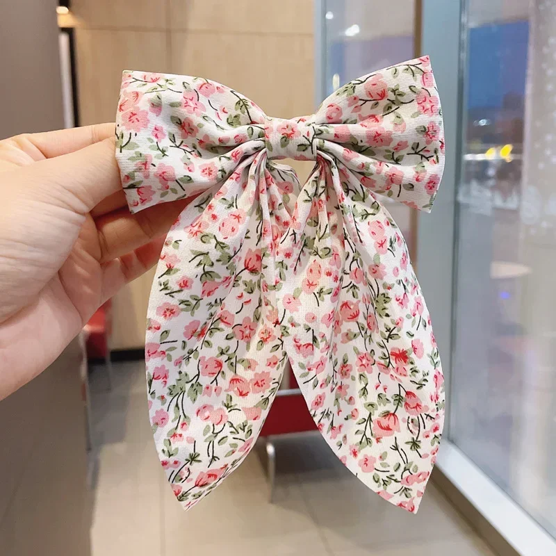 2024 New Floral Long Bow Hair Clip with Tassel Chiffon Ribbon Top Clips Barrettes Pins Hair Accessories for Women