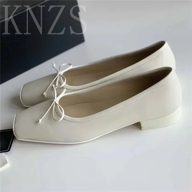 

Spring Summer New Square Toe Fashion Casual Shoes Women Concise Genuine Leather Low Heel Butterfly Knot Decor Women Single Shoes