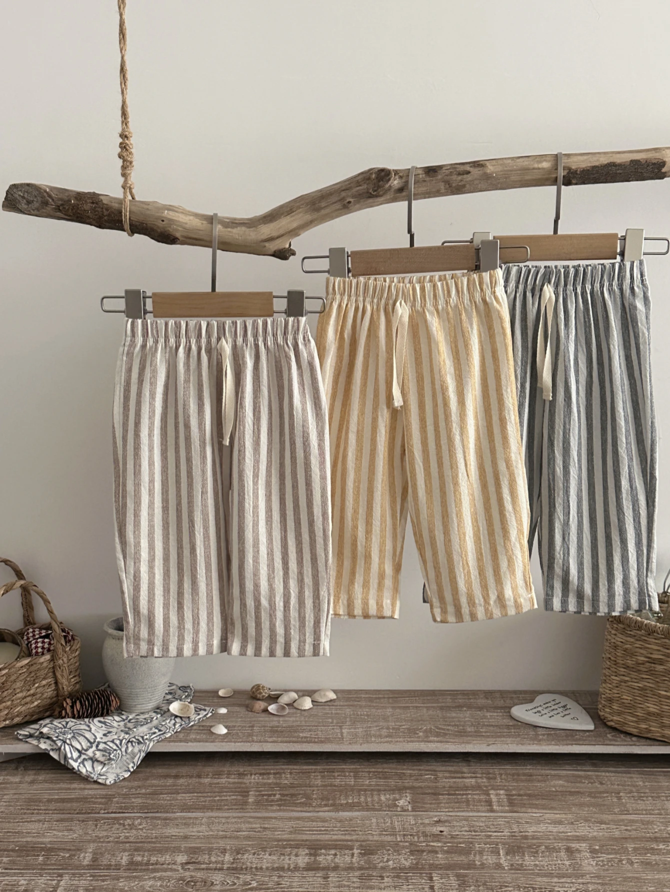 Summer Baby Linen Cotton Vertical Stripe Wide Leg Pants Elastic Waist Drawstring Loose Trousers For Infant Boys Girls