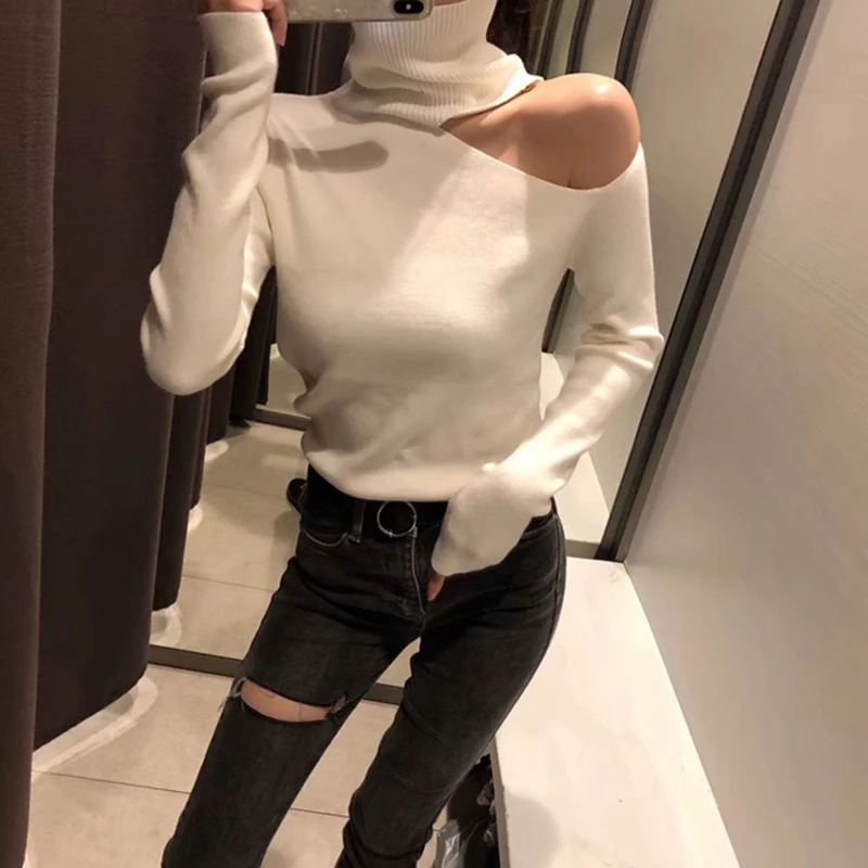 Knitted Sweater Off Shoulder Pullovers Sweater for Women Long Sleeve Turtleneck Female Jumper Black White Sexy Clothing New 2020