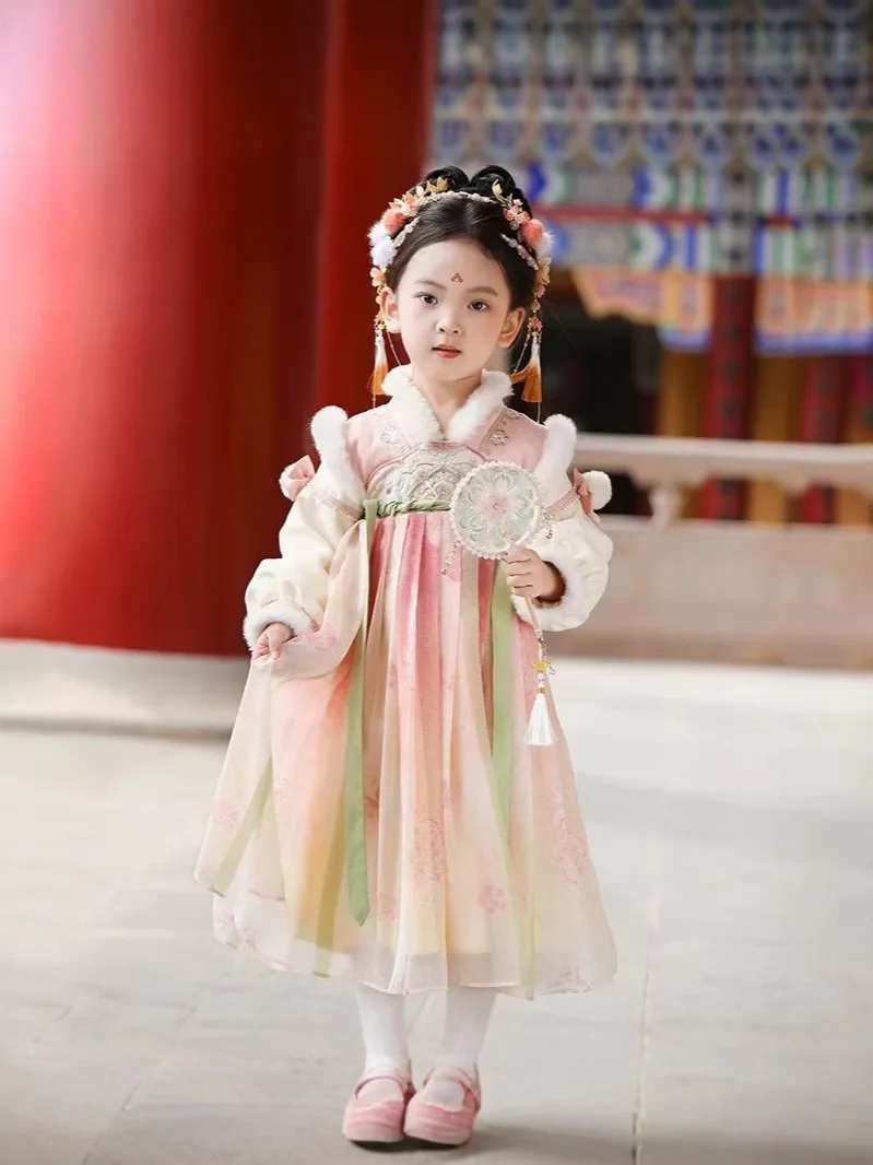 Flor dinastia estilo nacional vestido de princesa novo clássico menina crianças tang traje desempenho hanfu adicionar veludo