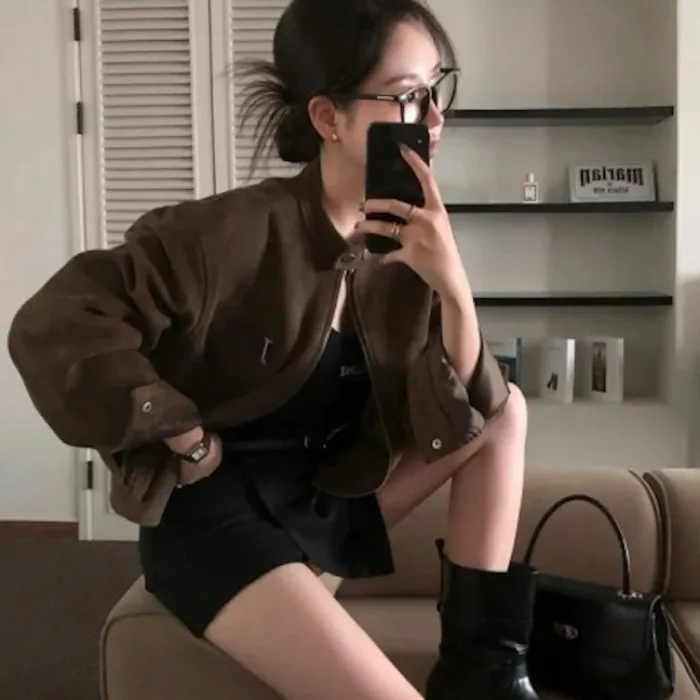 

Fall New Sle ort Velour Biker Jaet Women's Outerwear Polyester Fiber 00% Versatile Single Piece Ladies Faion