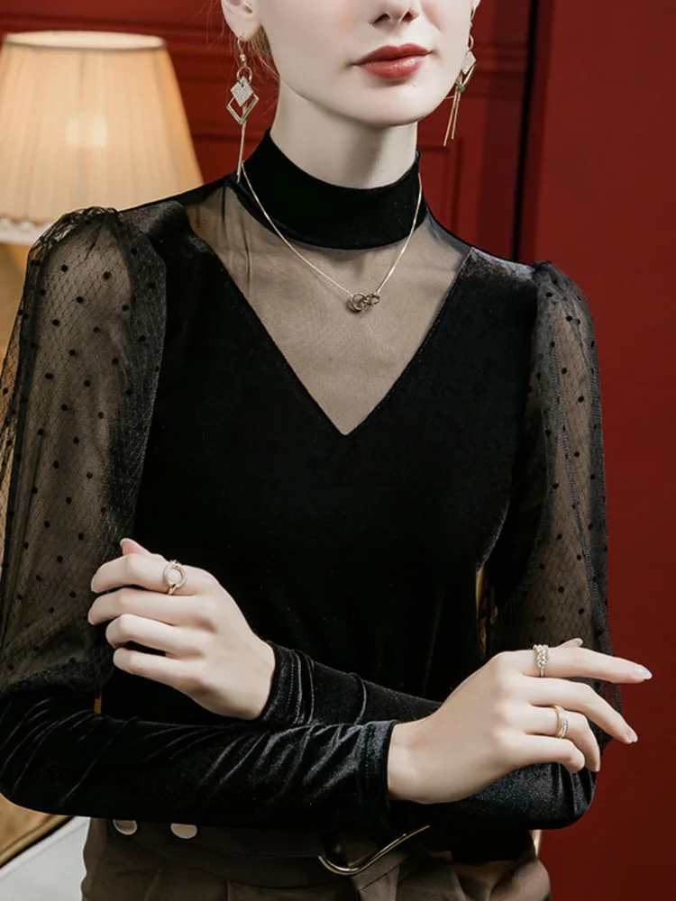 클래식 무용 공연 및 무대 연습복, 라틴 댄스 라인 탑용 메쉬 패치워크 하이넥 퍼프 소매 슬림핏 탑