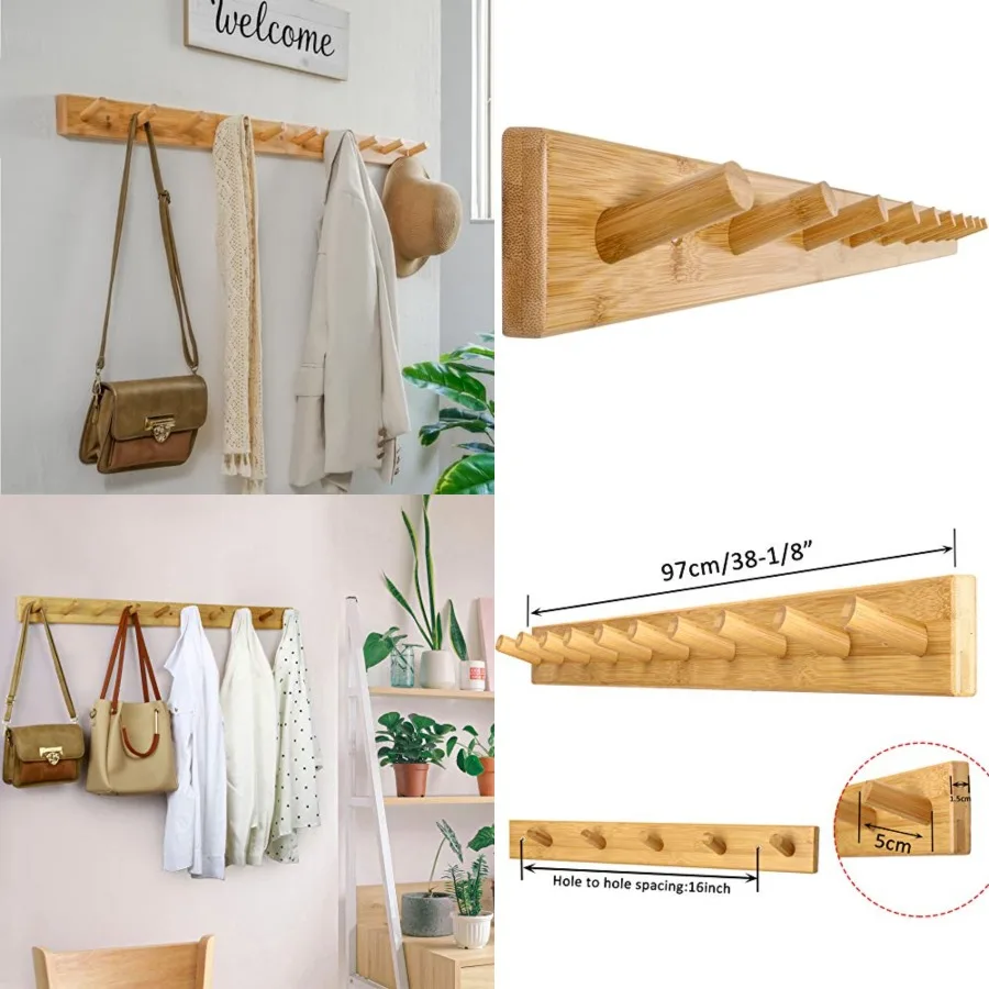 

Coat Rack Wall Mounted, 10 Hooks, 38 Long Coat Hanger Wall Mount, Peg Rail Hat Hooks for Hanging Caps, Jacket, Clothes, Coats